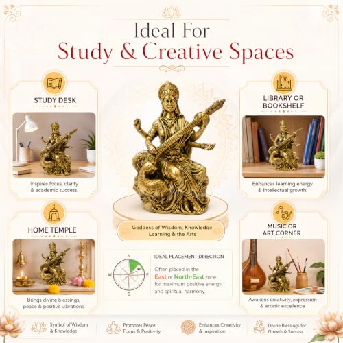 Image of Brass Saraswati Ji Idol, Vastu Remedy for Wisdom & Learning (4 Inch, 200 g)