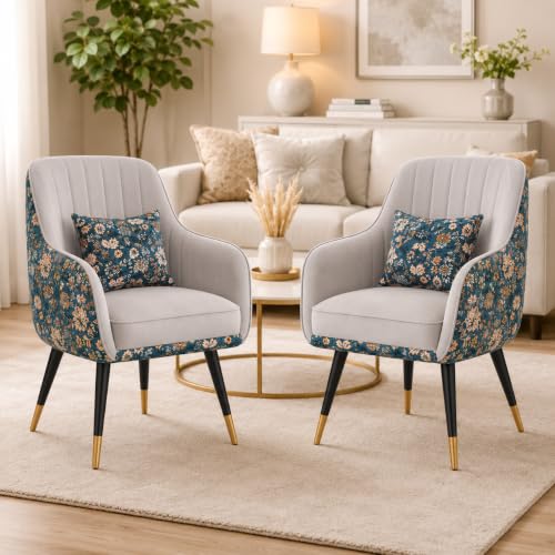 Image of Velvet Chair with Pillow for Home | Modern Accent Armchair in Soft Velvet Fabric with Golden Legs | Premium Accent Chair for Living Room Bedroom Restaurent | (Light Grey, Standard Floral)
