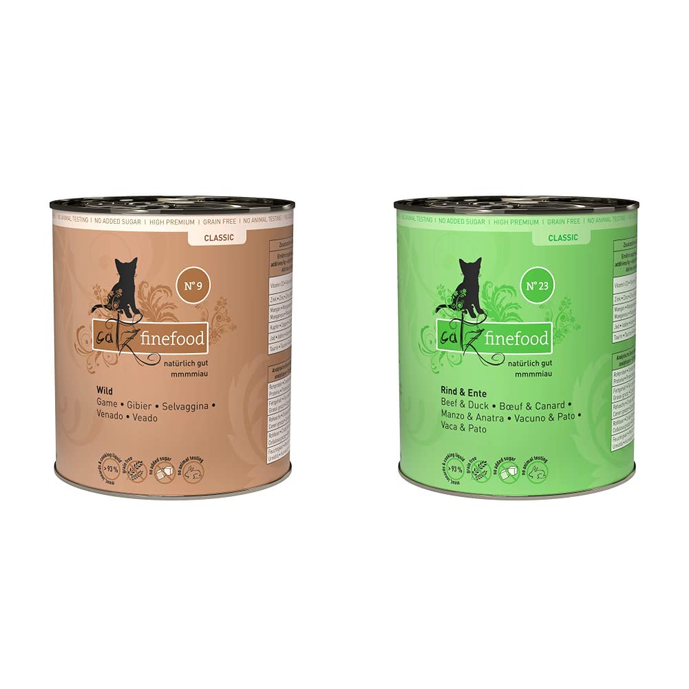 catz finefood N° 9 Wild Feinkost Katzenfutter nass, verfeinert mit Kartoffel & Preiselbeere, 6 x 800g & N° 23 Rind & Ente Feinkost Katzenfutter nass, verfeinert mit Cranberry & Aloe Vera, 6 x 800g