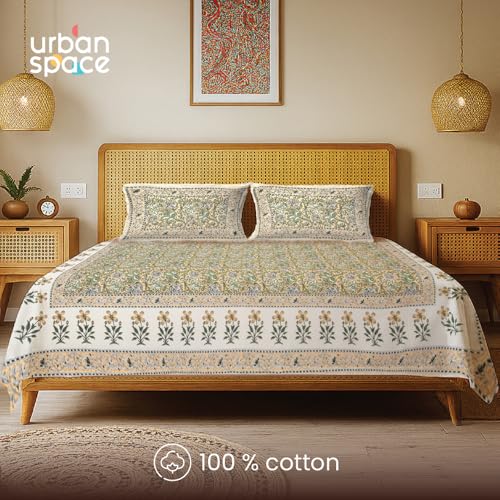 Image of Urban Space 100% Cotton Jaipuri Handblock Printed King Size Bedsheet with 2 Pillow Covers, 200 TC Cotton King Bedsheet (105 x 105 Inches, Rangrez Yellow)