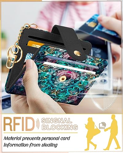 Image of Bistup Small Card Wallet for Women with Keychain, Boho Mandala | Clear ID Window, Compact Design for Daily Carry, Durable Material, Sturdy Keychain, Aesthetic