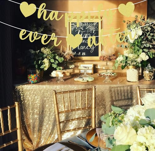 Image of Pre-Strung Happily Ever After Banner - Gold Glitter Bachelorette Bridal Engagement Party Decoration Supplies, Bachelorette Wedding Party Banner for Engagement, Bridal Shower, Wedding Party Photo Booth Props