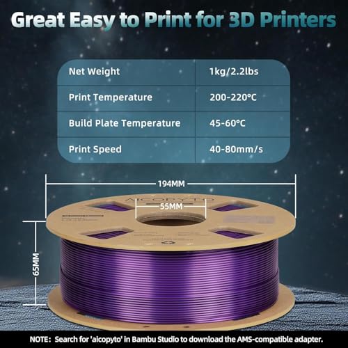 Image of 3D Printer Silk PLA Filament 1.75mm, Shiny Dual Color Gold Purple, Dimensional Accuracy + /- 0.02 mm, 1KG (2.1lbs) /Spool Easy to Print for Most FDM 3D Printers