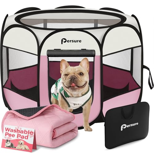 Image of Persure Dog Cat Pet Playpen Puppy Crate Cage for Indoor Outdoor Travel | Nursing Rest Zone Recovering Pet Quarantine Room Portable Pop Up Easy to Set up lightweight (Pink with Pad, Large)