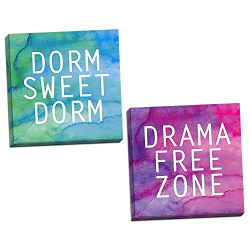 Leoner22art Sagebrush Fine Art Watercolor Style Pink, Purple, Blue and Green Drama Free Zone and Dorm Sweet Dorm Set, Two 8x10 inches Wood Stretched Canvas