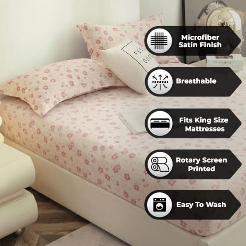 Image of Story@Home King Size Bedsheet | Cloud Cotton Fitted Sheet King Size with Two Pillow Covers| Super Soft Bed Sheet for King Size Bed | Floral Design (270 x 250 cm, Pastel Pink)