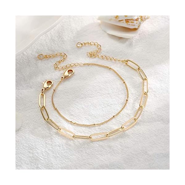 Turandoss Gold Bracelets for Women, 14K Filled Layering Oval Chain Bracelet Cute Layered Beads Women Jewelry(Oval & Chain)