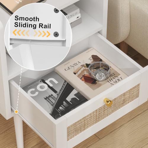 Image of Rattan Nightstand Set of 2 with Charging Station, Modern Boho Bedside Table
