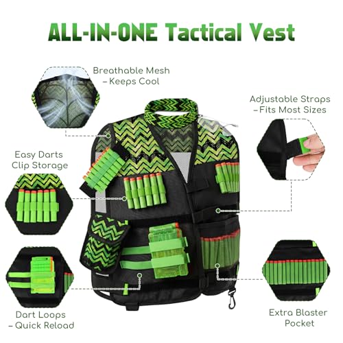 Image of Lehoo Castle 2PACK Kids Tactical Vest Kit for Nerf Guns N-Strike Elite Series for Boys Girls, with 60 Refill Darts, Dart Pouch, Tactical Mask, Reload Clips, Protective Glasses (Blue+Green)