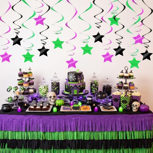 Image of BEISHID Purple Green Black Stars Hanging Swirls Pre-Strung Stars Hanging Decorations for Halloween Monster Truck Birthday Party Baby Shower Decorations Supplies,Pack of 15