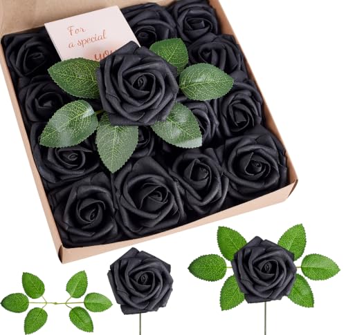 Sahoottie Black Roses Artificial Flowers Foam Fake Roses with Stem Black Artificial Rose Flowers for Diy Gothic Wedding Halloween Celebration Fake Rose for Party Home Decorations 16pcs