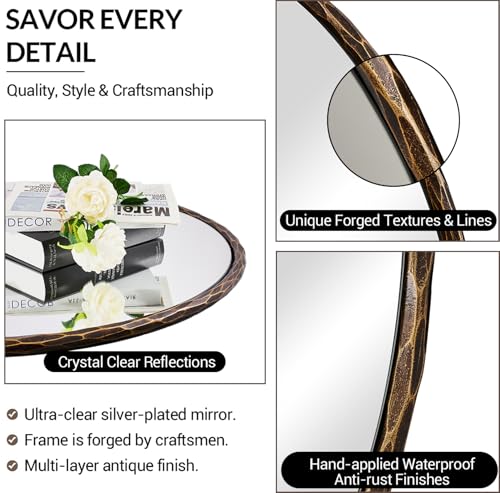 Image of ANDY STAR Hand-Forged Bronze Round Bathroom Mirror, 30 Inch Antique Oil Rubbed Bronze Circular Mirror, Solid Steel Hammered Rounded Mirrors for Wall Decor, Vanity, Washroom, Entry, Fireplace