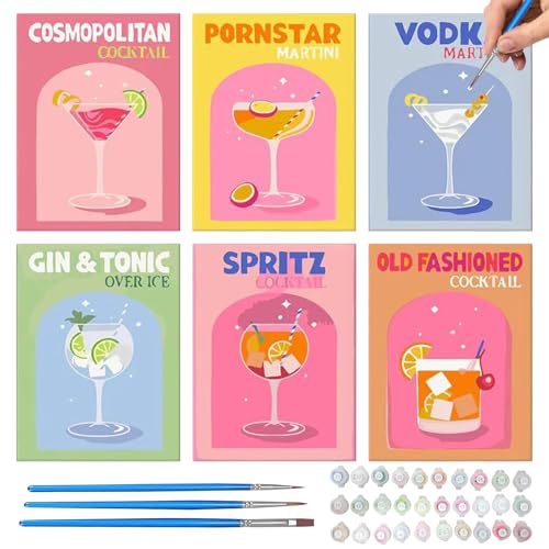 GAROMIA 6 Stück Malen Nach Zahlen Erwachsene Malen Nach Zahlen Cocktail Paint by Numbers mit Pinseln und Acrylfarben Leinwand Paint by Numbers für Kinder Anfänger Ohne Rahmen 20 x 15 cm