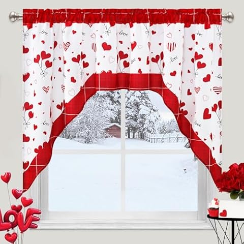 Alishomtll Valentines Day Kitchen Curtains Red Love Heart Swag Valances Buffalo Plaid Kitchen Valance Rod Pocket Small Window Treatment Valance for Bathroom Basement, 61" W x 36" L, 1 Panel Cover
