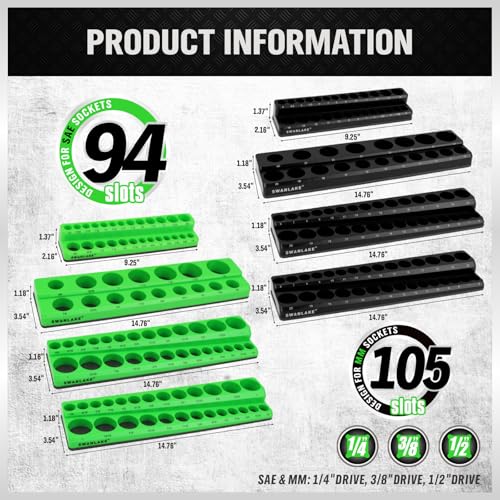 Image of Magnetic Socket Organizer Holder Tool: 8PCS Set includes 2PCS 1 /4 inch, 4PCS 3 /8 inch, 2PCS 1 /2 inch Drive Socket Storage Trays Toolboxs, Holding 199 Slots Soft Rubber Covering Black Green (sockets not included)