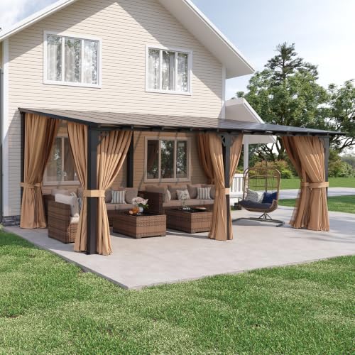 Aoxun 10x20 Lean to Gazebo with Mosquito Net and Curtains Aluminum Frame Polycarbonate Panel Wall Mounted Pergola with Sloped Roof for Backyard Porch Deck Brown