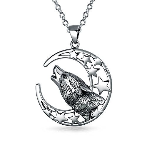 Pendentif loup argent 925 talisman Wicca lune et étoiles pour homme et femme