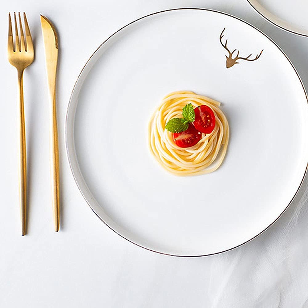 DNCG Platos de cerámica Platos llanos de porcelana con borde dorado for el hogar y el restaurante, plato redondo blanco de cerámica apilable, con platos con diseño de alce