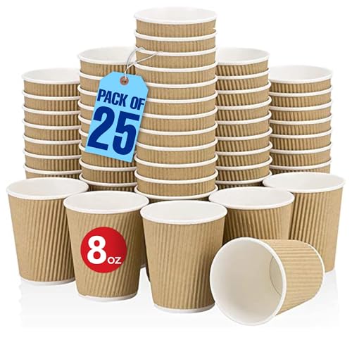 MARKQ 8 oz. Brown Disposable Ripple Insulated Coffee Cups - Hot Beverage Corrugated Paper Cups [25 Cups]