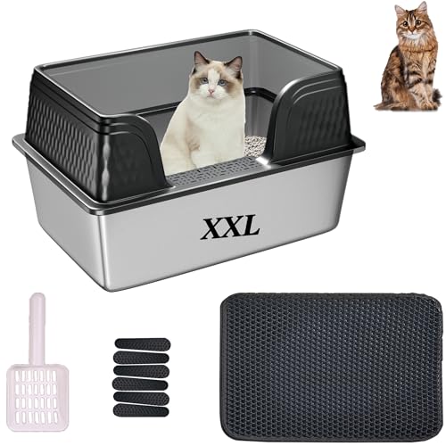 Suhaco Extra Large Stainless Steel Litter Box with Lid XXL High Sided Cat Litter Boxes Included Litter Mat & Litter Scoop Anti-Urine Leakage Metal Pet Toilet for Big Cats (Black XXL)