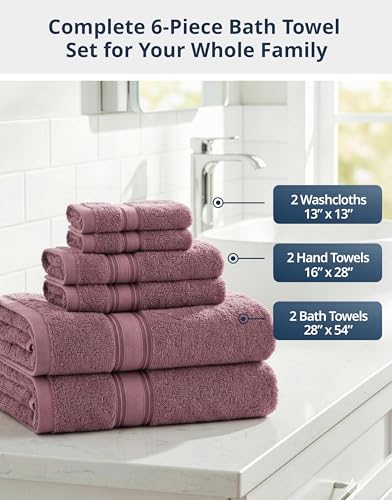 Image of Lane Linen Luxury Bath Towel Set - 6 Piece Set, 100% Cotton Bathroom Towels, Zero Twist, Quick Dry Shower Towels, Absorbent Towel, 2 Bath, 2 Hand, 2 Wash Cloths - Wishful Mauve