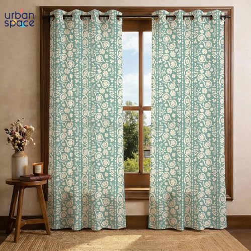Image of Urban Space 100% Cotton Floral Curtains 5 Feet Long Set of 2, 60-65% Room Darkening, Decorative Curtains with Eyelets /Rings for Hanging, Tieback Included (Dhara Dusty Teal, Window - 5 Feet)