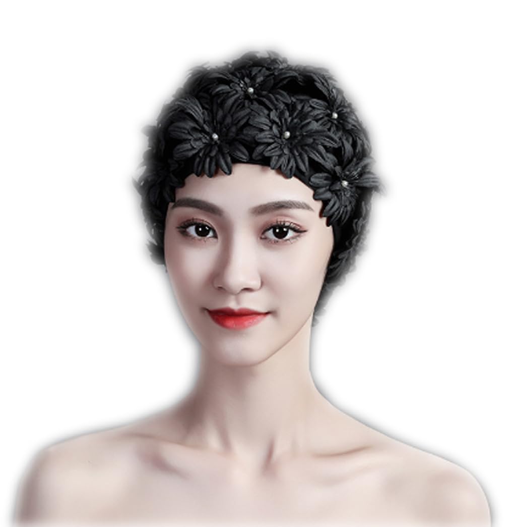 Women's Swan Style Elegant Floral Swimming Cap Pastel Bathing Cap High Elastic Short Long Hair Bath Hat, Black