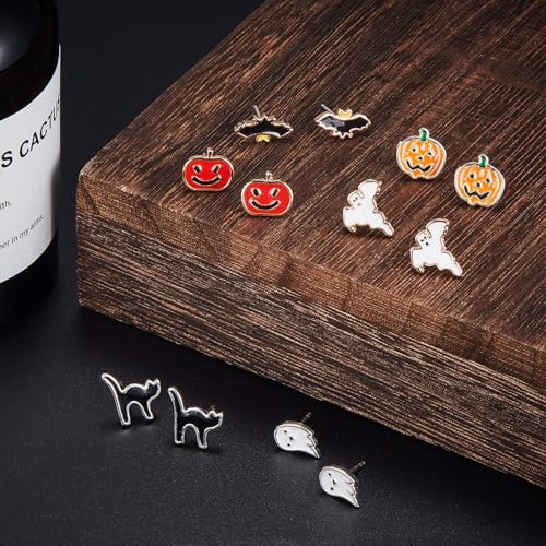 Hicarer 6 Pairs Halloween Earrings Set Include Pumpkins Black Cats Bats Ghost Stud Earrings for Women(Stud Earrings Series)4