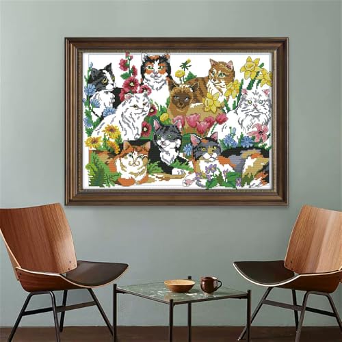 Image of Cats Stamped Cross Stitch Kits, 11CT Pre Printed Fabric Cross Stitch for Adults,Animals Embroidery Kits for Beginners Gift DIY Needlework Kits Home Wall Decor-(Cohesion(11CT) 20.08 x15.75 inch)