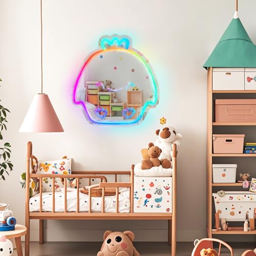 Image of Cute Chick Neon Sign Wall Mirror with Remote & App Control - RGB 210+ Colors LED Acrylic Mirror for Bedroom, Desk Decor, Voice /Music Sync, Shatterproof Teen Gift (12.2x12.4 in)