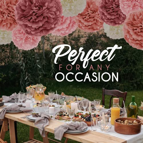 Image of EpiqueOne 20 Piece Tissue Paper Pom Poms | Blush Pink, Dusty Rose, Mauve & Cream | Colorful Paper Flower Wall Decorations for Bridal Showers, Baby Showers, Weddings, Graduations, Tea Parties & More