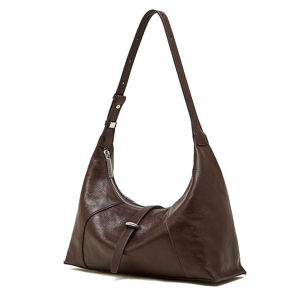 PDSSUNNY Damen Hobo Tasche aus Pflanzlich Gegerbtem Leder, Retro Schultertasche Croissant, Minimalistische Unterarmtasche Baguette, Kleine Umhängetasche Glänzend