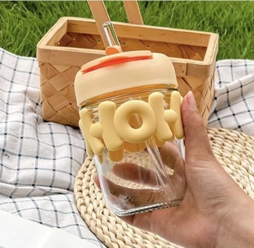 Image of HoHo Glass Mug Shaker with Silicone Holster, Lid and Straw, for Iced or Hot Drinks, Smoothies, Juices, and Iced Coffee