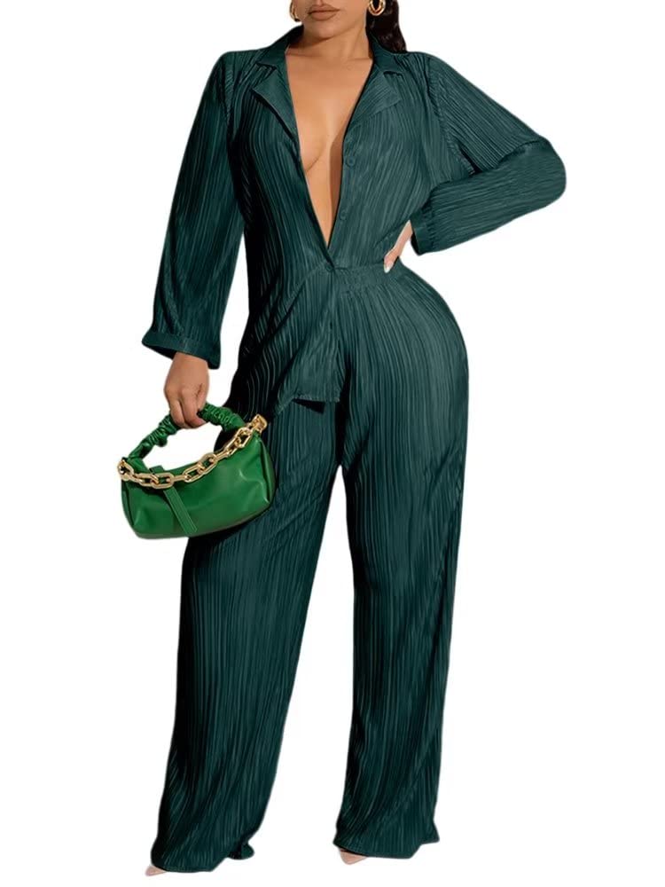 EkaliyWomen's 2 Piece Casual Pleated Outfits Short Sleeve Button Down Shirt High Waist Wide Leg Trouser Sets Suit