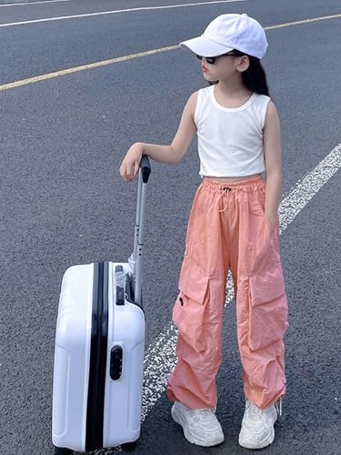 Image of Girls Cargo Pants Elastic Waist Drawstring with Pockets Pants | 6-14 years High Waist Loose fit School Hiking Casual