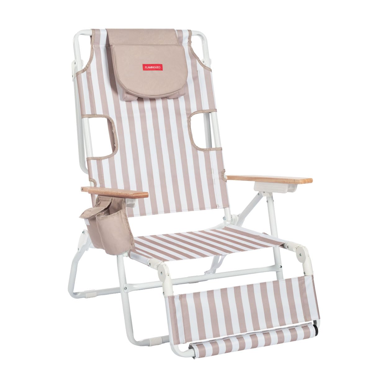 Flamingueo Silla Playa Plegable - Reclinable 5 Posiciones - Agujero Cabeza y Brazos - Reposapiés 3 Posicones - Asas Mochila - Bolsillo Insulado y Posavasos - Aluminio y Poliéster - Beige
