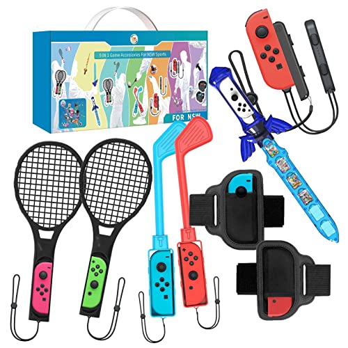 Accessories Kit for Nintendo Switch,Switch Sports Game Accessories -9 in 1 Family Bundle Accessory Kit for Nintendo Switch/OLED Sport Games:Sword,Leg Straps,Tennis Rackets,Glof Clubs And Wrist Straps Cover