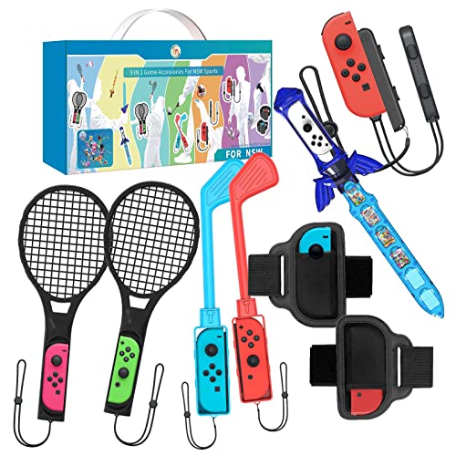 Accessories Kit for Nintendo Switch,Switch Sports Game Accessories -9 in 1 Family Bundle Accessory Kit for Nintendo Switch OLED Sport Games:Sword,Leg Straps,Tennis Rackets,Glof Clubs And Wrist Straps