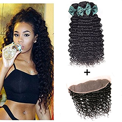 Brazilian Deep Wave Bundles With Frontal Ear To Ear 13x4 Lace Frontal With Bundles Unprocessed Human Hair Bundles With Closure(22 24 26+20lace frontal, Natural Color)
