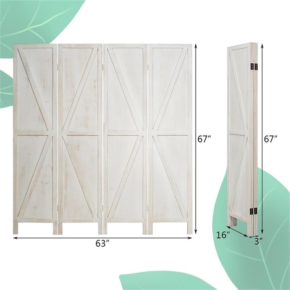 Pemberly Row 4-Panel Wood Folding Room Divider, 63" L x 0.8" W x 67" H, Durable Paulownia Construction, White Finish, V-Shaped Design, Lightweight Privacy Screen for Living Room, Bathroom, Office Use