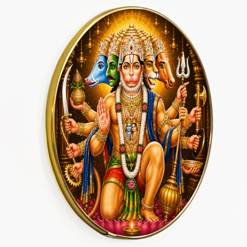 Image of PAINTINGMANTRA Panchmukhi Hanuman Ji Framed Wall Art Painting For Living Room| Spiritual Lord Hanuman Religious Poster with Round frame for Wall, Decoration item for Home, Office, 12 Inch