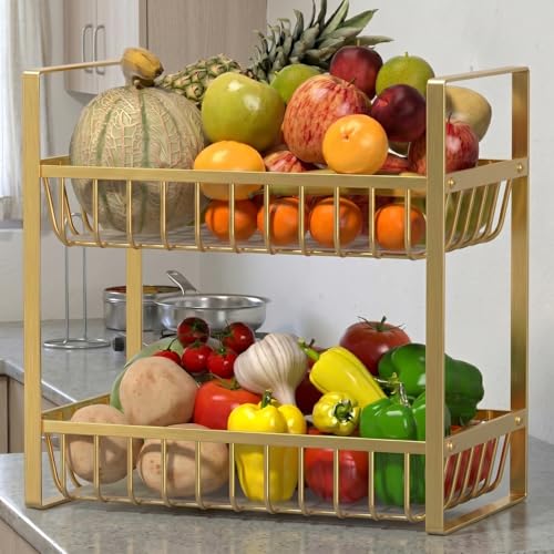 Image of 2 Tier Countertop Fruit and Vegetables Basket | Multipurpose Storage Organize Stand for Kitchen, Dining Table and Bathroom (2 Tier Gold)