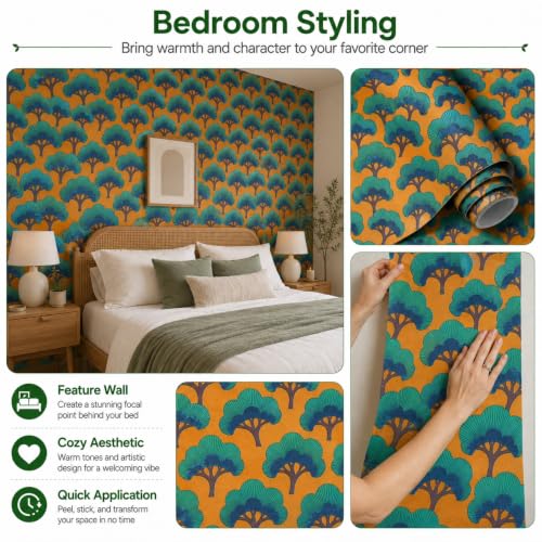 Image of Mustard Yellow & Teal Japanese Tree Peel and Stick Wallpaper - Modern Botanical Self Adhesive Wallpaper Roll for Living Room, Bedroom, Dining Room, Office, Cabinet