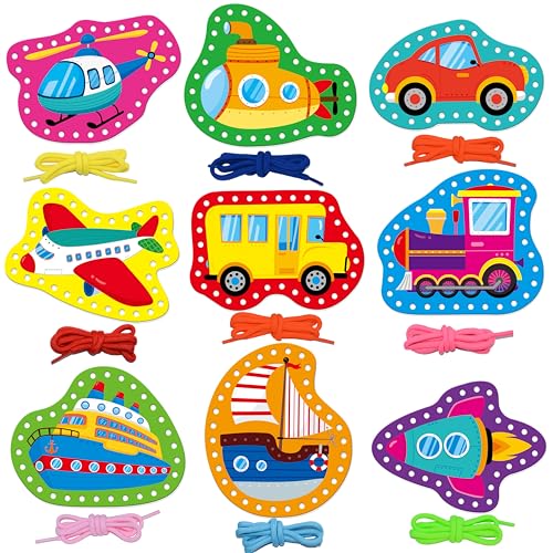 SpriteGru 9 Pieces Kids Lacing Cards Double Sided Vehicle Sewing Cards with 9 Colorful Laces Imagination Development Lacing Toys Games for Children Educational and Learning Activity