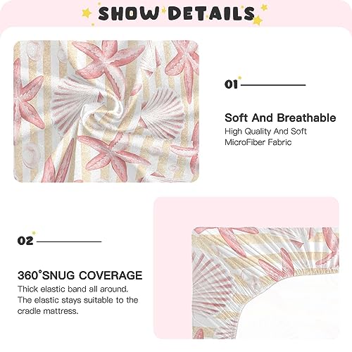 Image of Fitted Crib Sheets Vintage Seashells and Starfish Stretchy Portable Playard Sheets for Baby Toddler, Breathable Soft Mini Crib Mattress 39 x 27 in for Boys and Girls