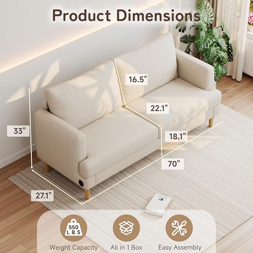 Image of 70 inch Modern Loveseat Sofa with USB Type-C Ports, Linen Fabric 2-Seater Deep Seat Couch, Cozy Small Couch Sofa for Living Room Bedroom Office Apartment (Beige)