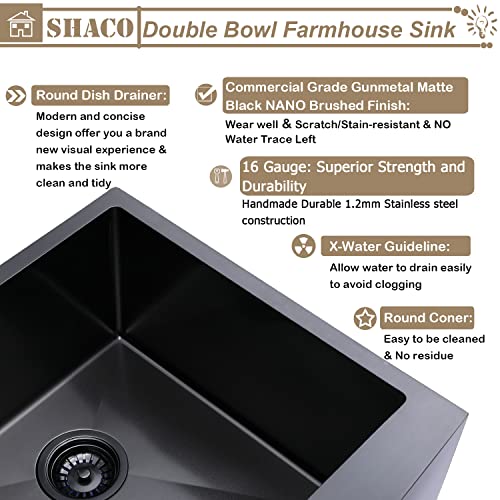 Image of SHACO 33 Inch Black Double Bowl Divided 50 /50 Farmhouse Sink, 33x21 Gunmetal Black Stainless Steel Undermount Apron Front Farm Kitchen Sink