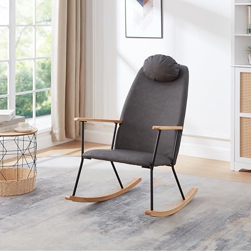 Yestar Adjustable Headrest Pillow Rocking Chair – Modern Leather Upholstered Glider with High Backrest, Nursery, Bedroom & Living Room Accent Chair (Dark Grey + Nature)