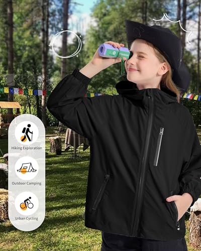 Image of Rolanko Girls Rain Jacket Lightweight Waterproof Hooded Kids Raincoat 6-16 | Kids Windbreaker, Water-Repellent, Sealed Zip Pockets, Reflective Strips, Extended Hood, Outdoor, School Daily, Travel