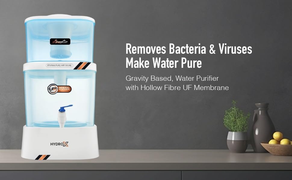 Image of Pureplus Gravity Water Filter | 20 Liter Top Water Purifier | Chemical Free, Electricity Free | Water Filter for Home, Kitchen & Camping (White & Blue)